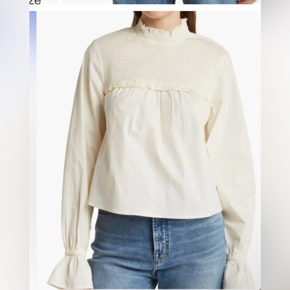 NWT WeWoreWhat Smocked long sleeve blouse Cream Medium